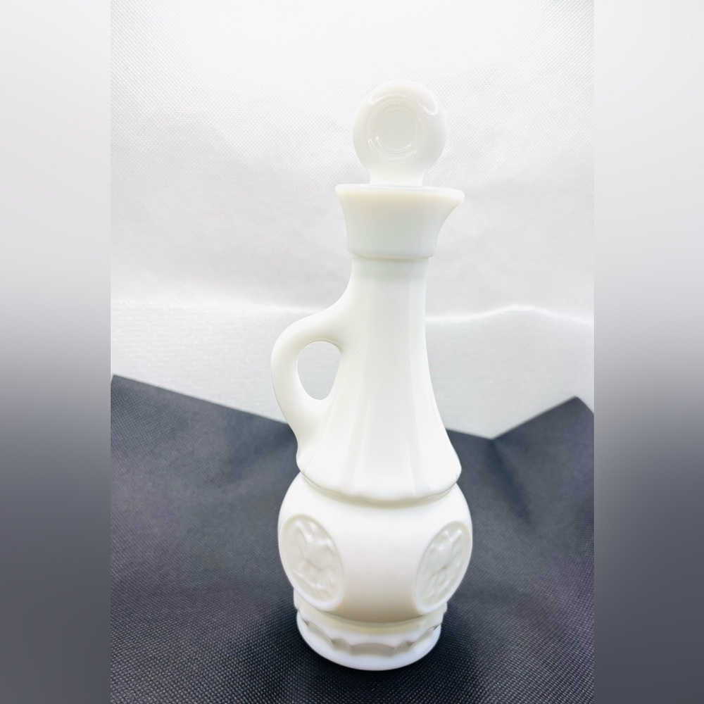 Vintage white Wheaton Milk glass oil vinegar bottles eagle coin medallion topper